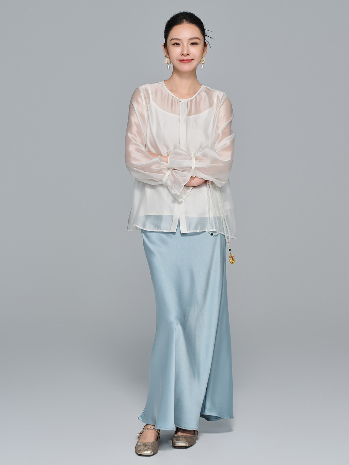 [Zhihetao]New Chinese Style Light National Style Soft Gauze Round Neck Long Sleeve Women's 2025 Autumn High-End Versatile Top