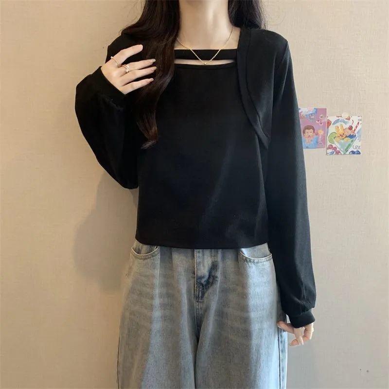 Plus Size Long Sleeve T Shirt for Women Hollow Design Slimming Fit Casual Spring Autumn Wear