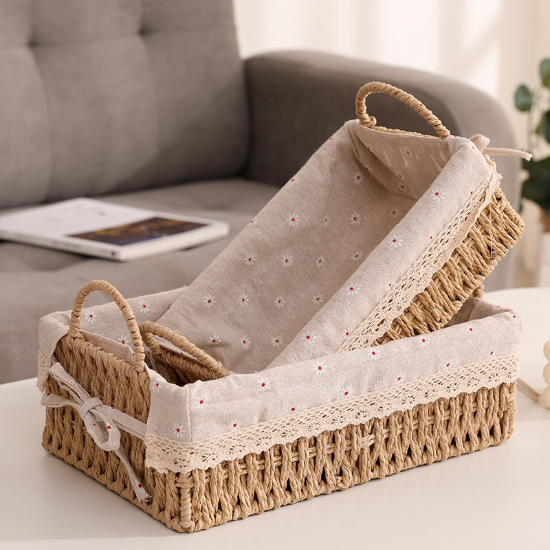 Woven Storage Basket with Handle Imitation Rattan Living Room Coffee Table Storage Basket Straw Sundries Snacks Cosmetics Storage Box