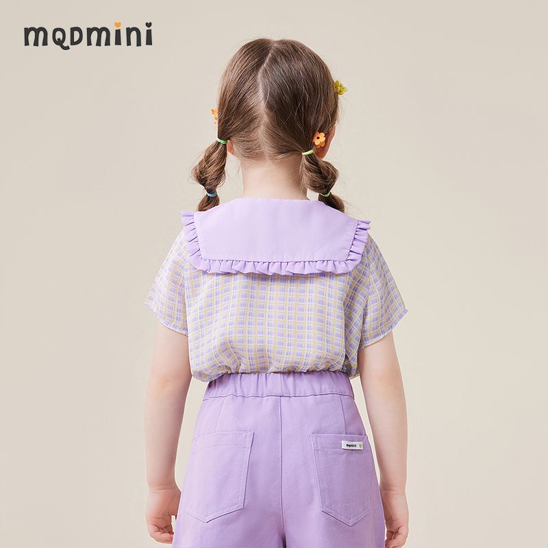 MQDMINI童装夏季新款女童短袖衬中小童立体花朵大翻领格纹衬衣 - 图1