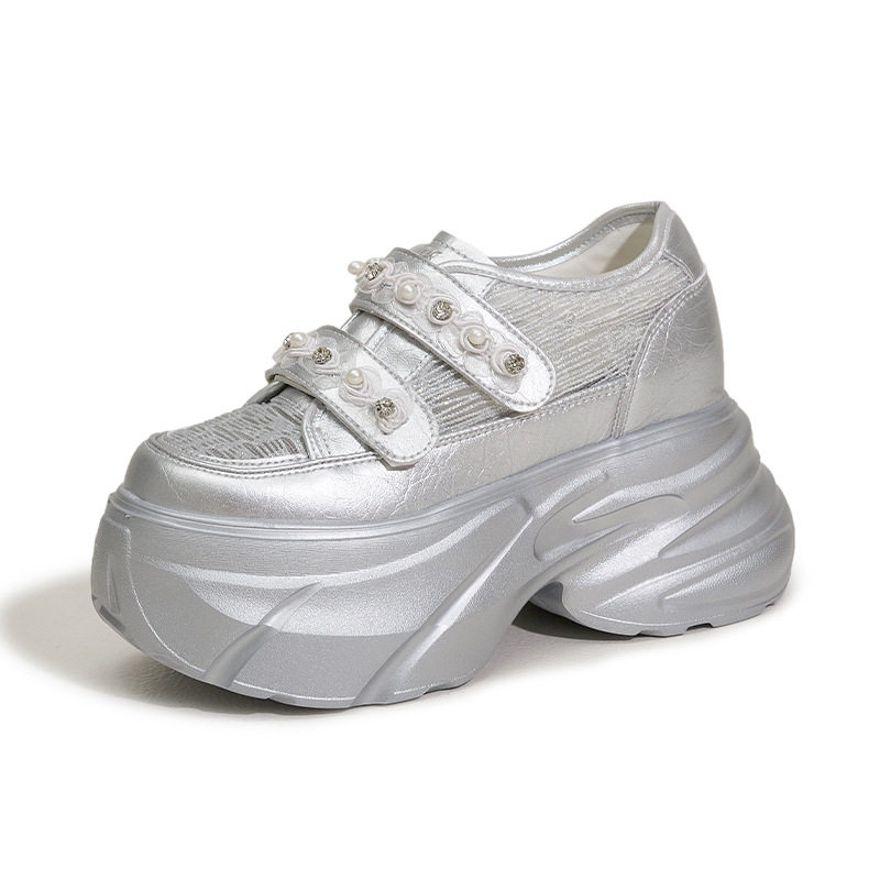 Giày sneaker nữ chunky đế dày màu trắng, form mũi tròn, phong cách thể thao casual — Bạc, Trắng