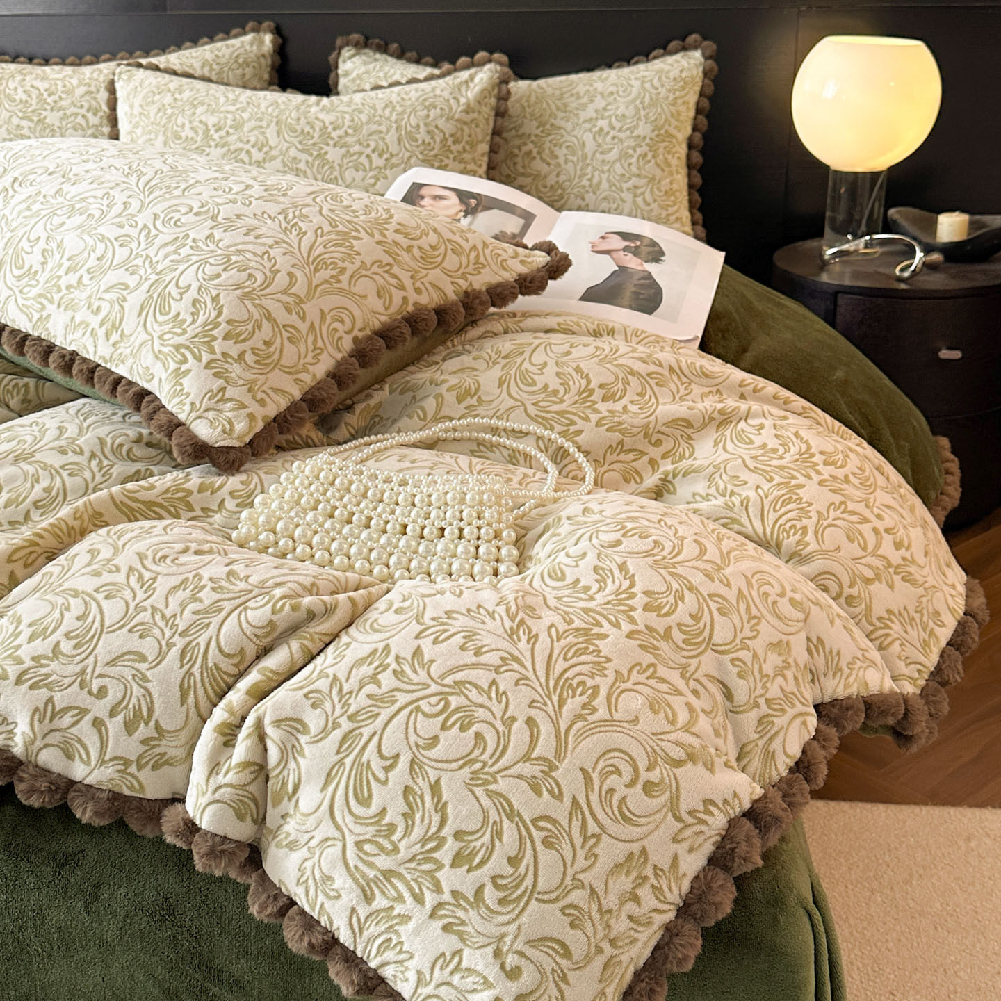 Class a Rabbit Fur Ball Milk Velvet Thickened Four-Piece Bedding Set for Winter, Carved Coral Velvet Bed Sheet and Duvet Cover Three-Piece Set