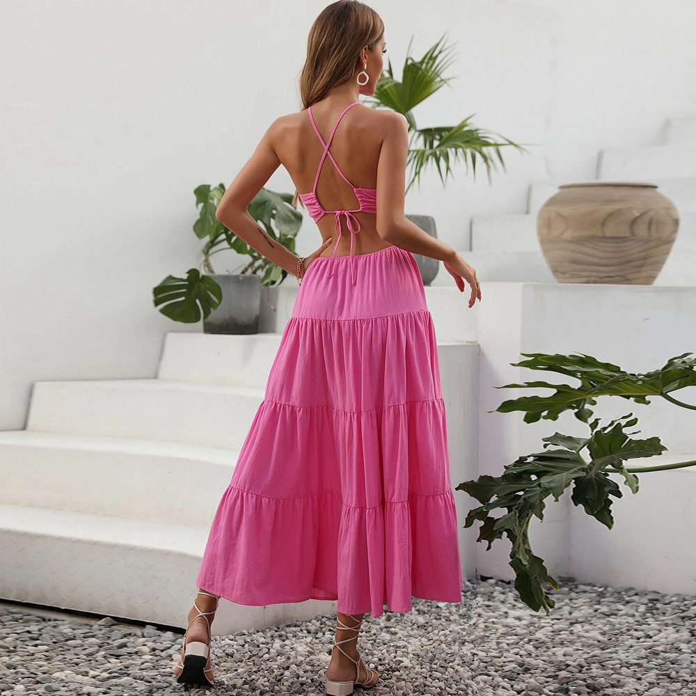 Summer High Waist Hollow Out Maxi Dress Sexy Halter Neck Solid Color Elegant Style Perfect for Parties and Events