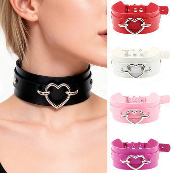 Eco-Friendly Pu Leather European and American Exaggerated Fashion Bondage Collar Street Style Nightclub Sexy Silver Heart Necklace Choker