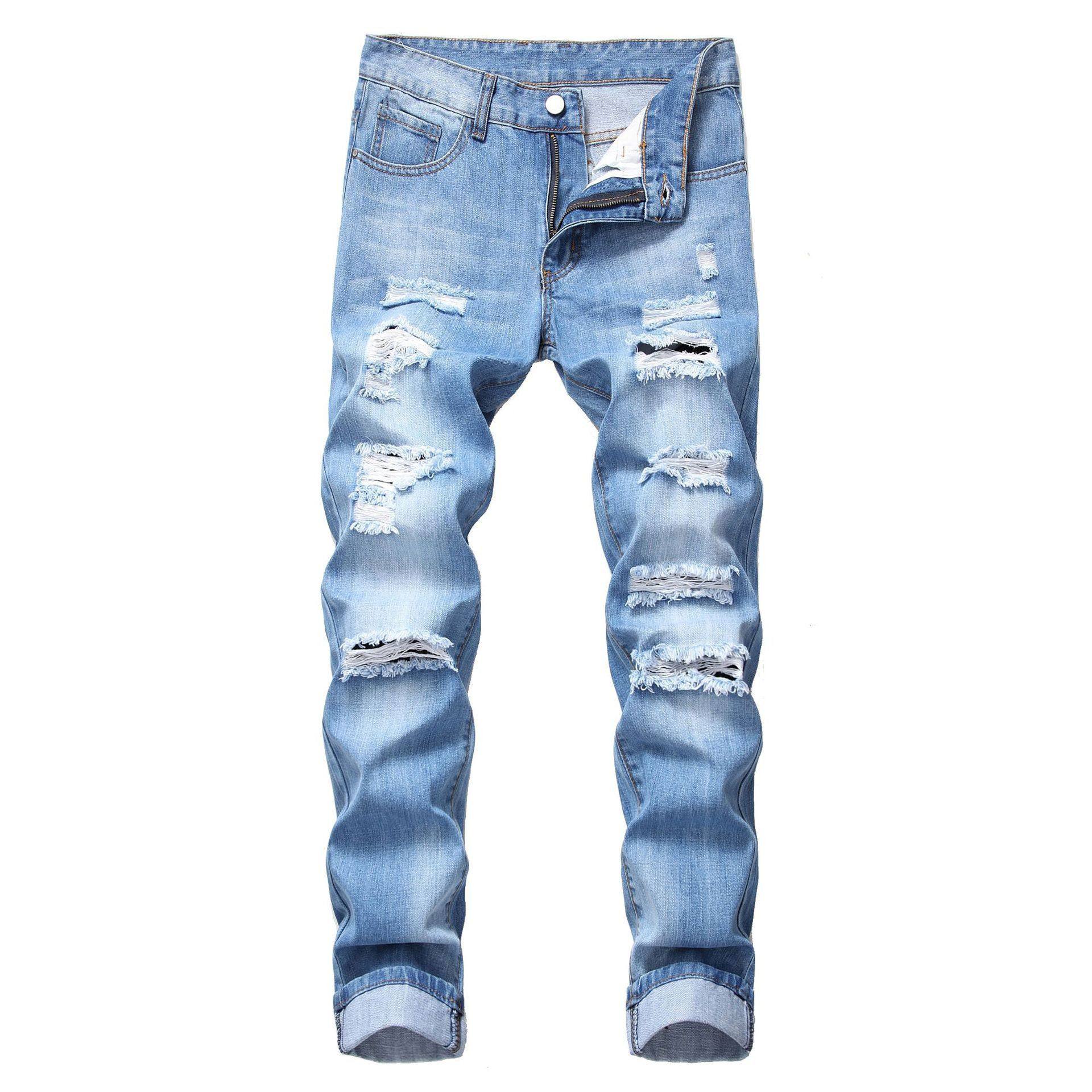 cross-border men's ripped straight slim non-stretch jeans mu...