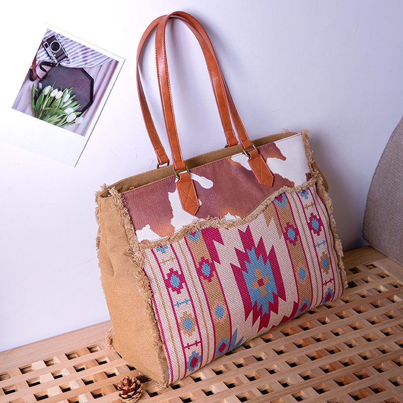 Túi Tote Nữ Vải Canvas Cotton Họa Tiết Bohemian Vintage Đeo Vai, Đeo Chéo, Xách Tay Màu Nâu, Xanh, Đỏ, Be