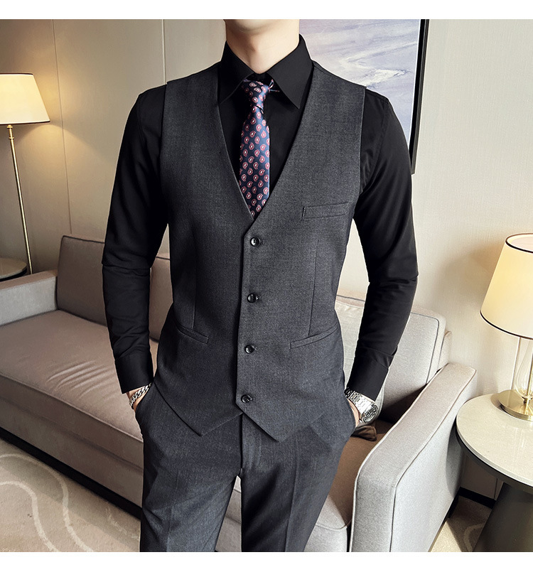 Bộ com-lê nam ba mảnh dáng ôm, áo vest một hàng khuy phong cách công sở — Màu xám (áo một nút + áo vest + quần), Màu xanh (áo một nút + áo vest + quần), Màu đen (áo một nút + áo vest + quần), Màu xanh navy (áo một nút + vest + quần)