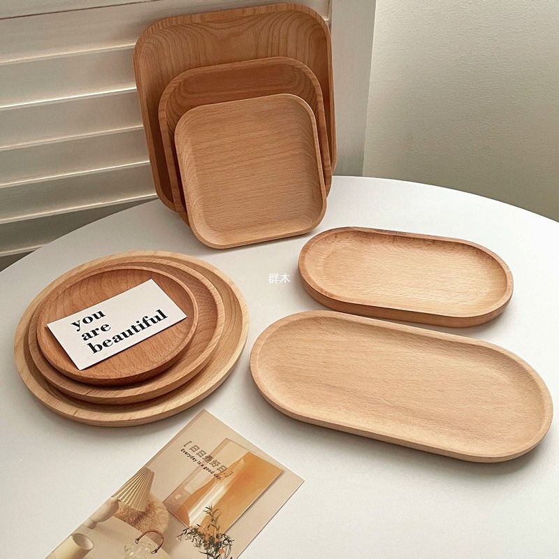 Ins-Style Wooden Tray Round Wooden Tray Japanese Oval Beech Small Wooden Plate Milk Snack Plate Display Plate