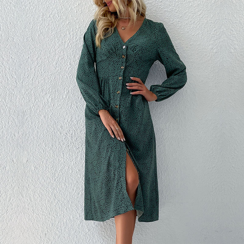 Fashionable Womens Long Sleeve Dress V Neck Single Breasted Elegant Design Autumn Wear Wholesale Available