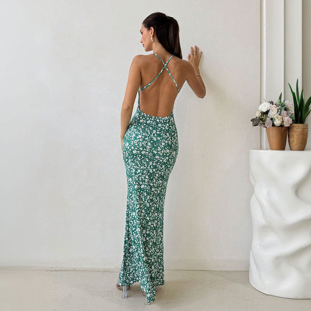 Summer Floral Maxi Dress Sexy Backless Fishtail Design Casual Perfect for Vacations and Music Festivals Wholesale