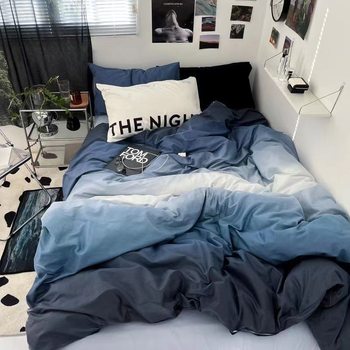 Trendy Gradient Blue Four-Piece Bed Set Washed Cotton Fashionable Quilt Cover Bed Sheetss Simple Three-Piece Set Supplies Trendy Gradient