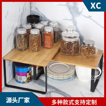 Wrought Iron Kitchen Rack Condiment Bowl Storage Rack Two-Layer Stackable Wooden Storage Rack Factory Wholesale