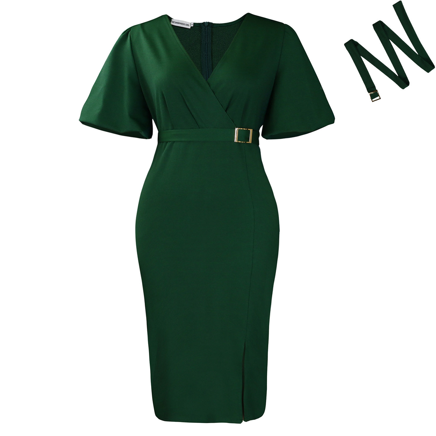 Fashionable V Neck Puff Sleeve Bodycon Dress Solid Color Waist Defined Side Slit Perfect for Parties or Events