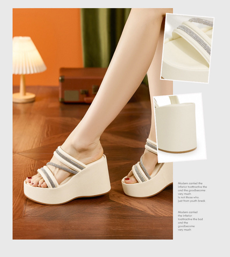 Dép sandal nữ đế dày platform gót 10 cm mũi tròn phong cách đơn giản — Đen, Len nguyên chất chi tiết 2