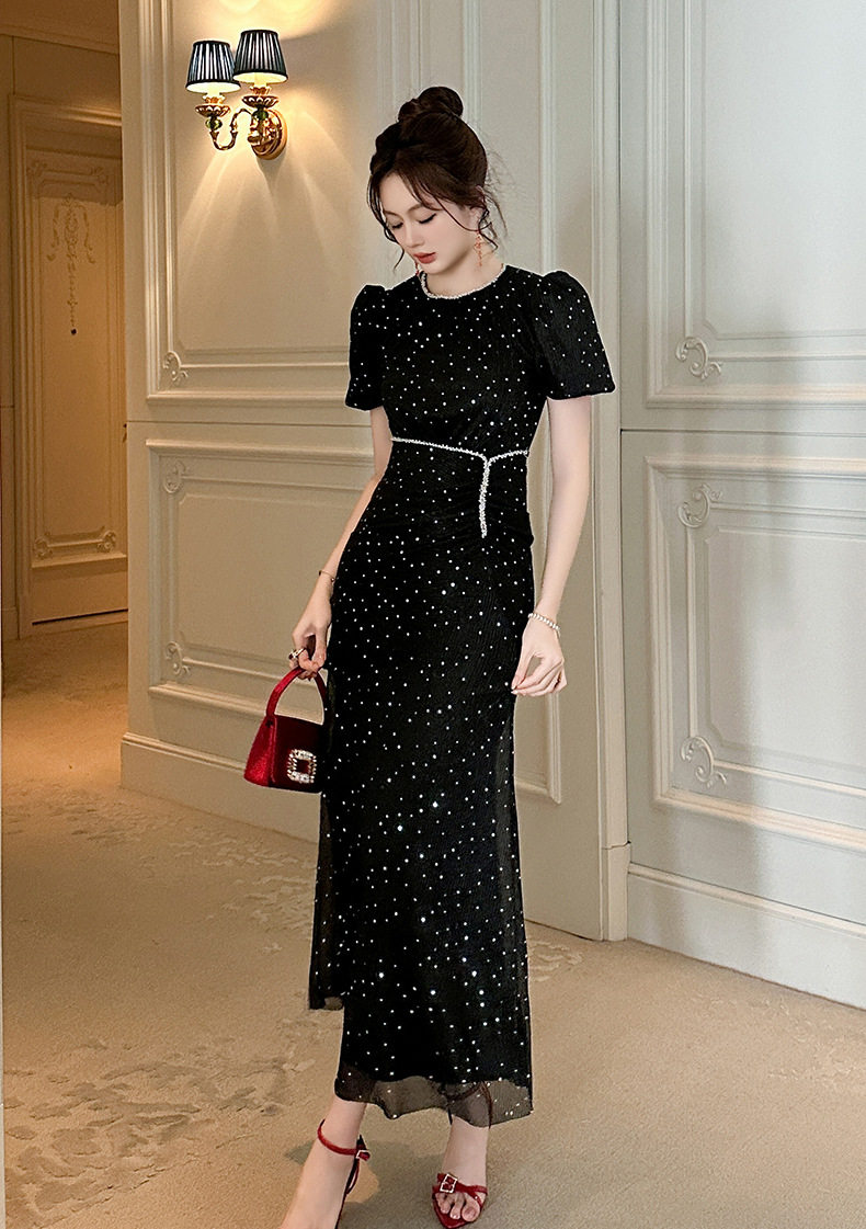 Đầm maxi nữ đuôi cá tay bồng cổ tròn cao eo — [Hồng], [Đen] chi tiết 20