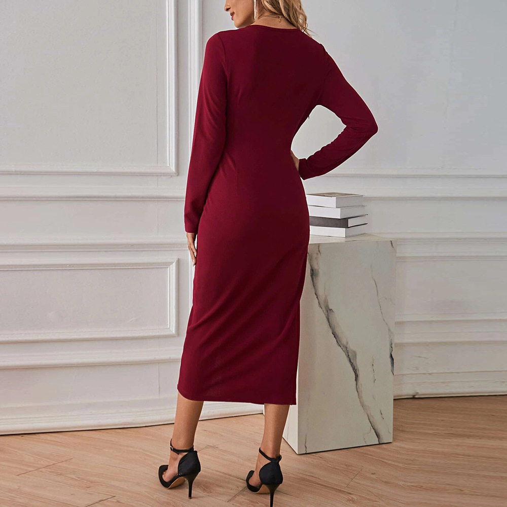 V Neck Midi Dress Elegant Long Sleeve High Slit French Style Perfect for Parties and Events Wholesale Available