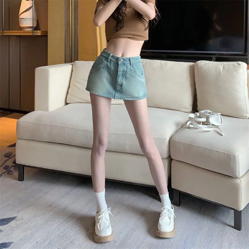 Light Blue Denim A Line Mini Skirt for Women High Waist Slim Fit Summer Style Wholesale Available