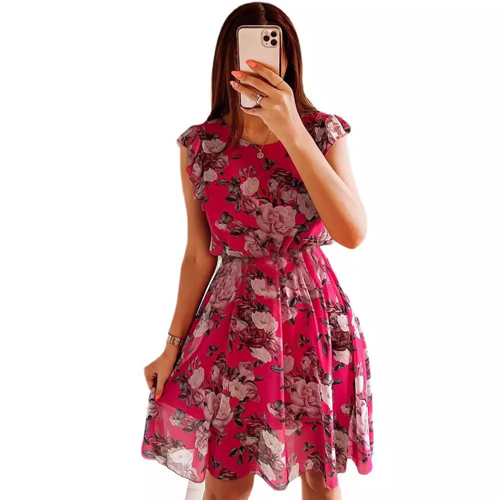 Summer Vacation Ruffle Sleeve Chiffon Dress Floral Print Lightweight Elegant Perfect for Beach or Party Wholesale