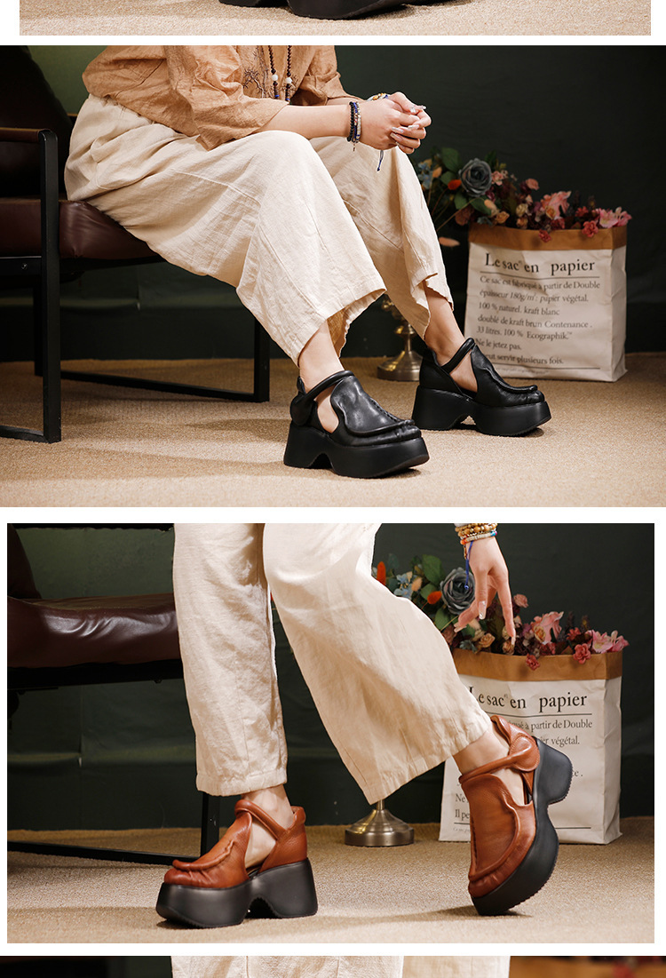 Sandal La Mã nữ da bò thật đế dày gót xuồng mũi tròn — màu đen, Màu nâu