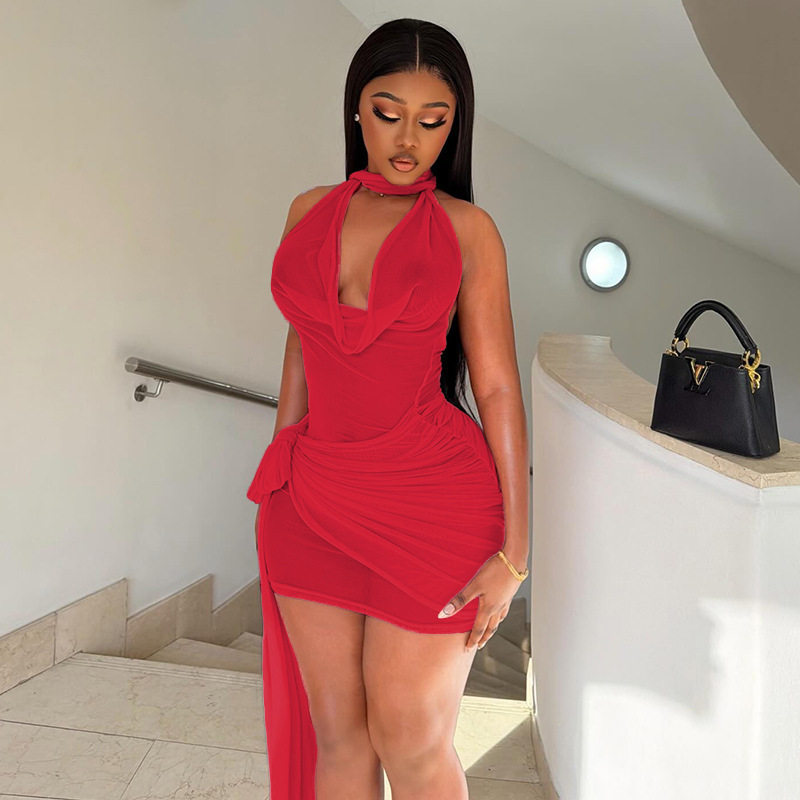 Fashionable Bodycon Mini Dress Sexy Tie Back Ruffled Neckline Slim Fit Perfect for Parties and Night Out Wholesale