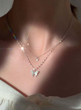 925银蝴蝶双层项链女简约设计感小众气质冷淡风锁骨链2021新款潮