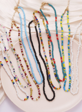 跨境项链夏季女级感波西米亚风米珠串珠短款撞色米珠卡脖链项链