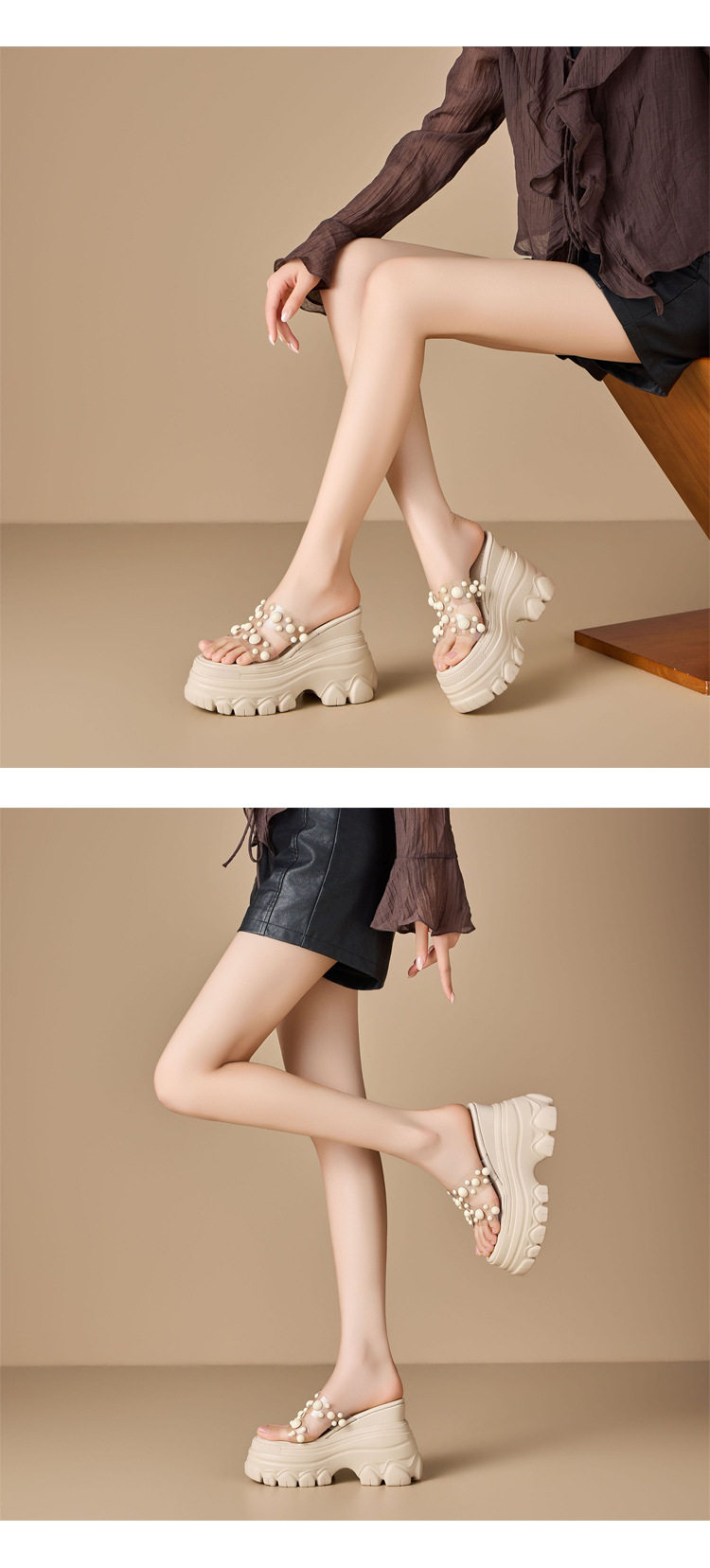 Dép sandal cao gót nữ đế xuồng platform 12cm phong cách Hàn Quốc — [Trắng kem], [Đen], [Hồng] chi tiết 3
