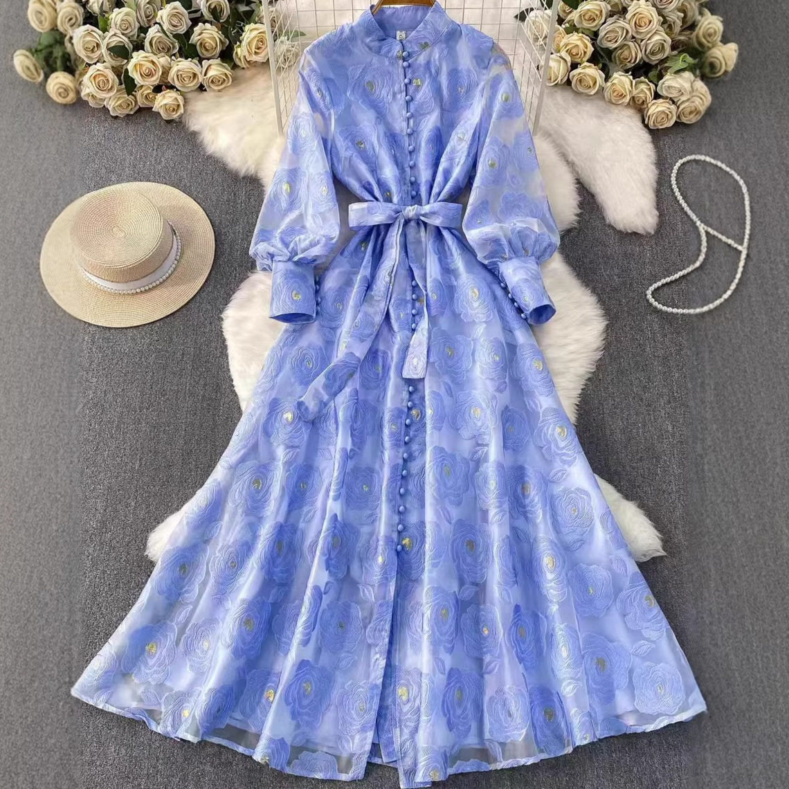 Vintage Inspired Luxury Jacquard Dress Stand Collar Waist Tie Slim Fit Elegant Long Dress for Spring and Autumn