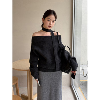 Tg Atmosphere Gentle One-Line Off-Shoulder Streamer Slim Wool Knitted Sweater for Women 2025 Winter New Style 25976