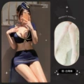 Stewardess uniform suit + white fishnet stockings
