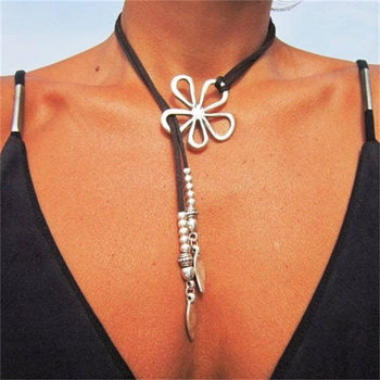 Bohemian hollow flower clavicle chain European and American turquoise leather rope Y collar fashion simple beach necklace