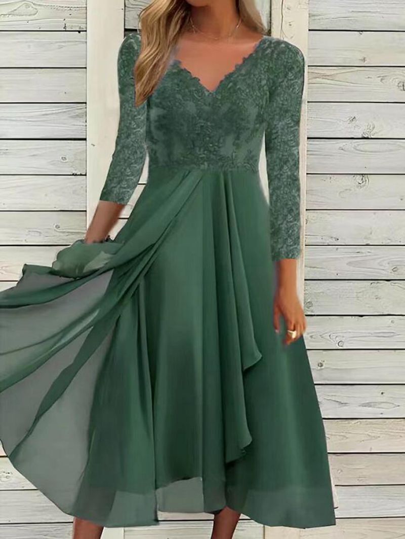 Chiffon Maxi Dress for Women Long Sleeve V Neck Lace Detail Elegant Evening Wear Available in Multiple Sizes