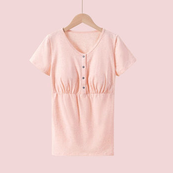 Postpartum Breastfeeding Cotton Front Button Short-sleeved Fashionable Mother's Feeding Clothes Summer Top Loose Pregnant Women's Feeding Clothes Large Size T-shirt Base