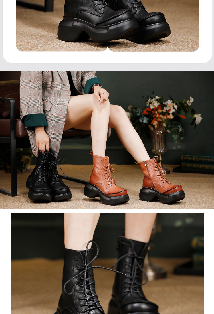 Boot Martin nữ cổ ngắn đế dày da bò thật tăng chiều cao — màu đen, Màu nâu