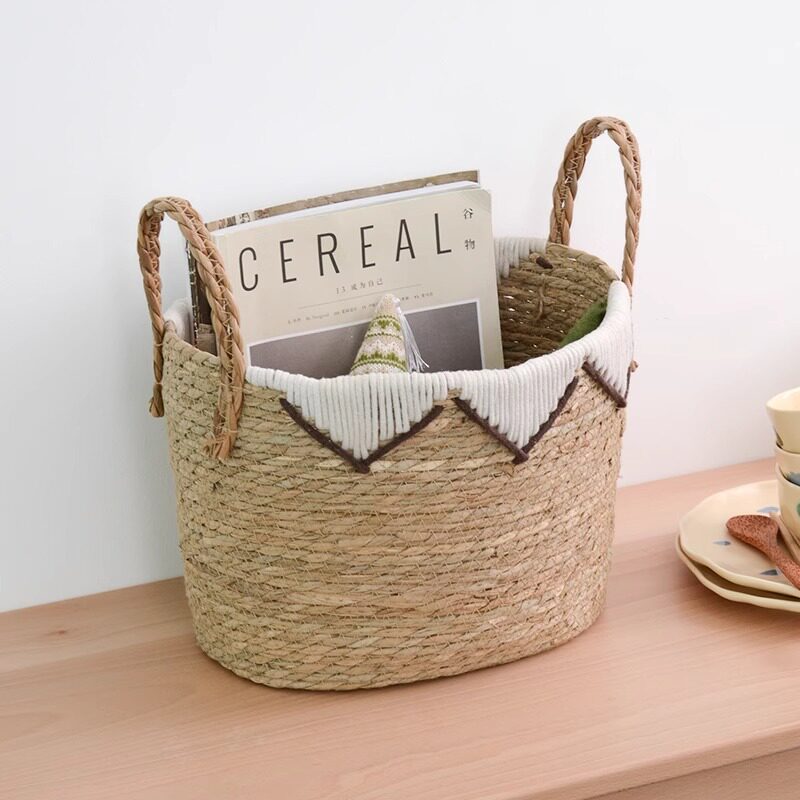 Scandinavian Straw Woven Satchel Storage Basket Home Decoration Storage Basket Cattail Woven Storage Dirty Clothes Storage Basket