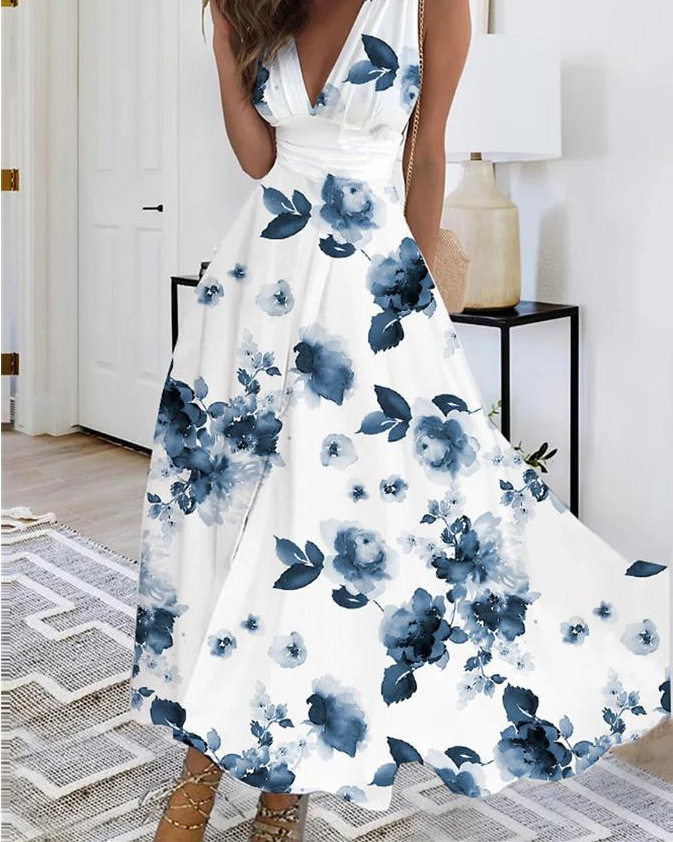 2023亚马逊欧美跨境女装夏季新款V领高腰无袖印花性感背心连衣裙