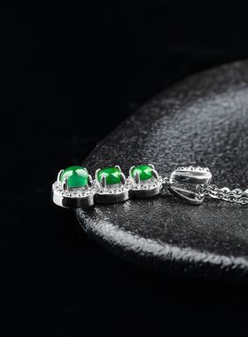 天然A货翡翠阳绿四季豆冰种玉石吊坠S925银玉坠女款项链时尚挂件