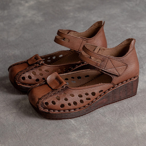 Dép Sandal Nữ Da Bò Quai Dán Hở Ngón Đế Xuồng Thoáng Khí Đế Cao 5cm - 6cm Màu Nâu, Kem
