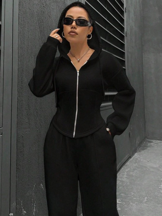 European and American Amazon Cross-Border Independent Station 2025 Autumn and Winter Fleece Hooded Cardigan Slim Sweatshirt Wide-Leg Pants Two-Piece Set