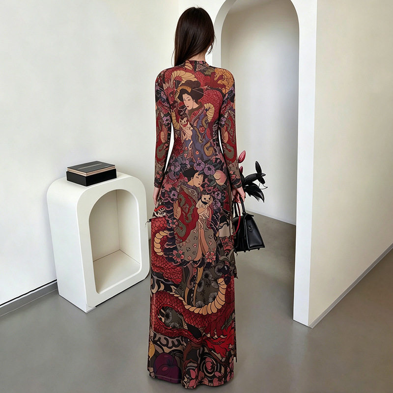 Womens Long Tunic Top Fashionable Round Neck Unique Print Slim Fit High Split Spring Style Wholesale Available