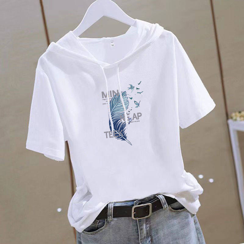Hooded T-Shirt for Women 2026 Short-Sleeved Summer Loose Half-Sleeved Casual Slimming Look Age-Reducing Fashion Sweatshirt for Women White T-Shirt Trendy Style