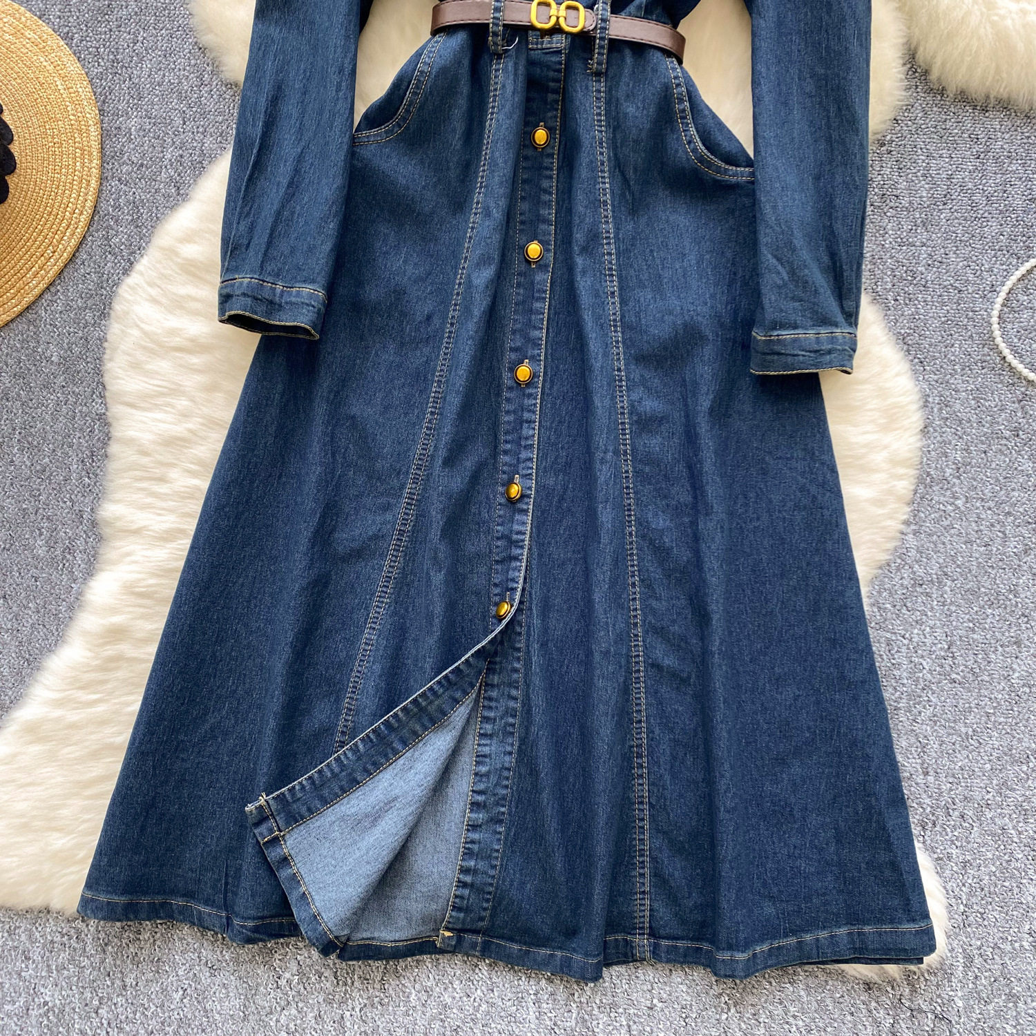 Vintage Style Denim Polo Dress for Women Slim Fit Belted Button Design Elegant Long Dress for Winter Wholesale