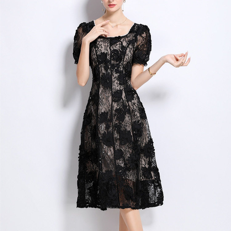 French Elegant Summer Dress Embellished with Beads and Sequins Square Neck Puff Sleeves Fitted Waist Lace Long Gown