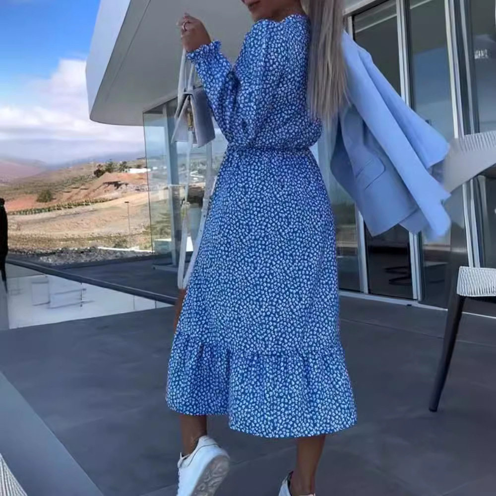 Floral Print Long Sleeve V Neck Patchwork Dress Summer Collection Casual Wear for Women OEM Available