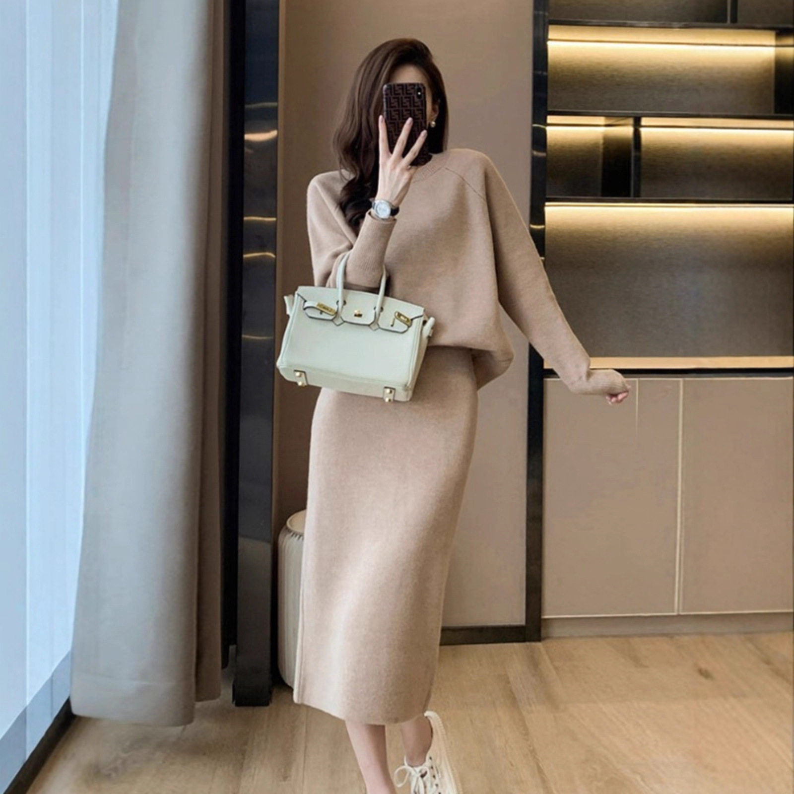 2025 Tweed Style Winter Bat Sleeve Pullover Knitwear Women's Knitwear Two-Piece Skirt Slim Slit over the Knee