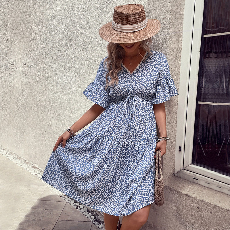 Summer Floral V Neck Dress Fresh and Sweet Style Blue Color Perfect for Casual Outings Wholesale Available