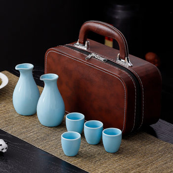 Two Pots Four Cups Celadon Leather Box Ceramic Wine Utensils suit Gifts Liquor Glass Household Hot and Warm Wine Dispencer Celadon Wine Pot