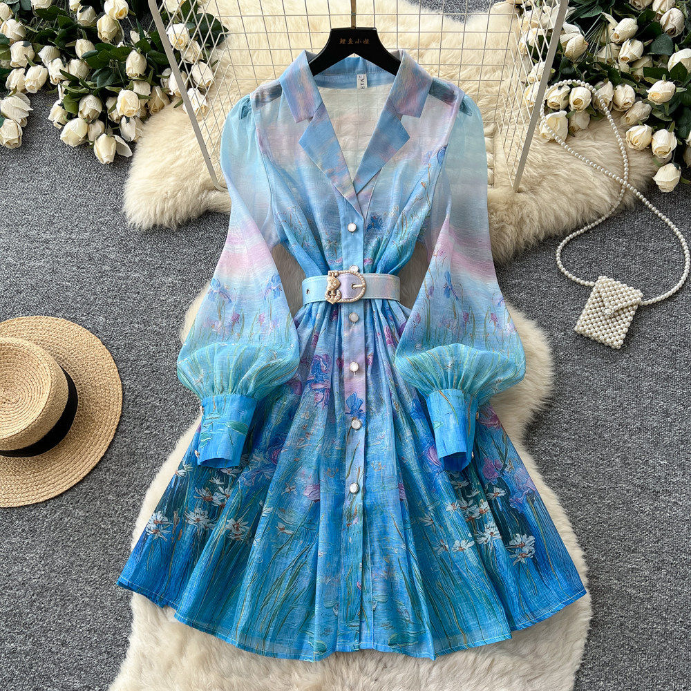 French Romantic Gradient Print Long Sleeve Dress Button Closure Waist Tie Elegant Silhouette Summer Occasion