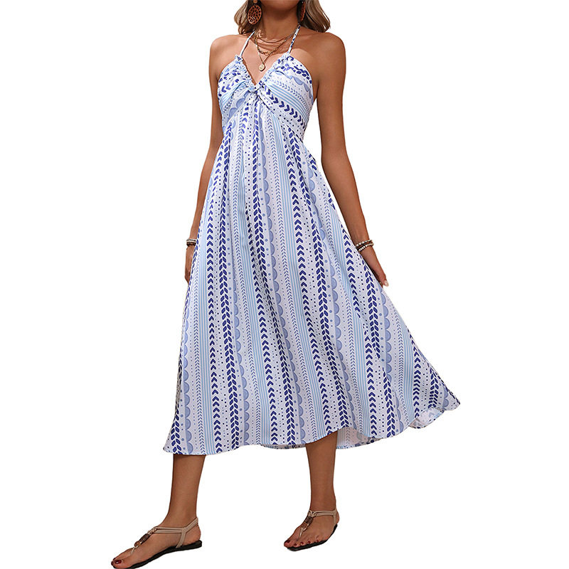 Geometric Print Halter Dress Summer Style Beach Vacation Ready Lightweight Fabric Comfortable Fit Wholesale