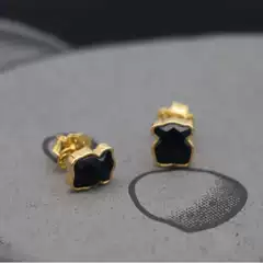 Minimalist Bear, S925 Sterling Silver 18K Gold Plated European American Style Black Agate Natural Stone Bear Stud Earrings High-end Light Luxury